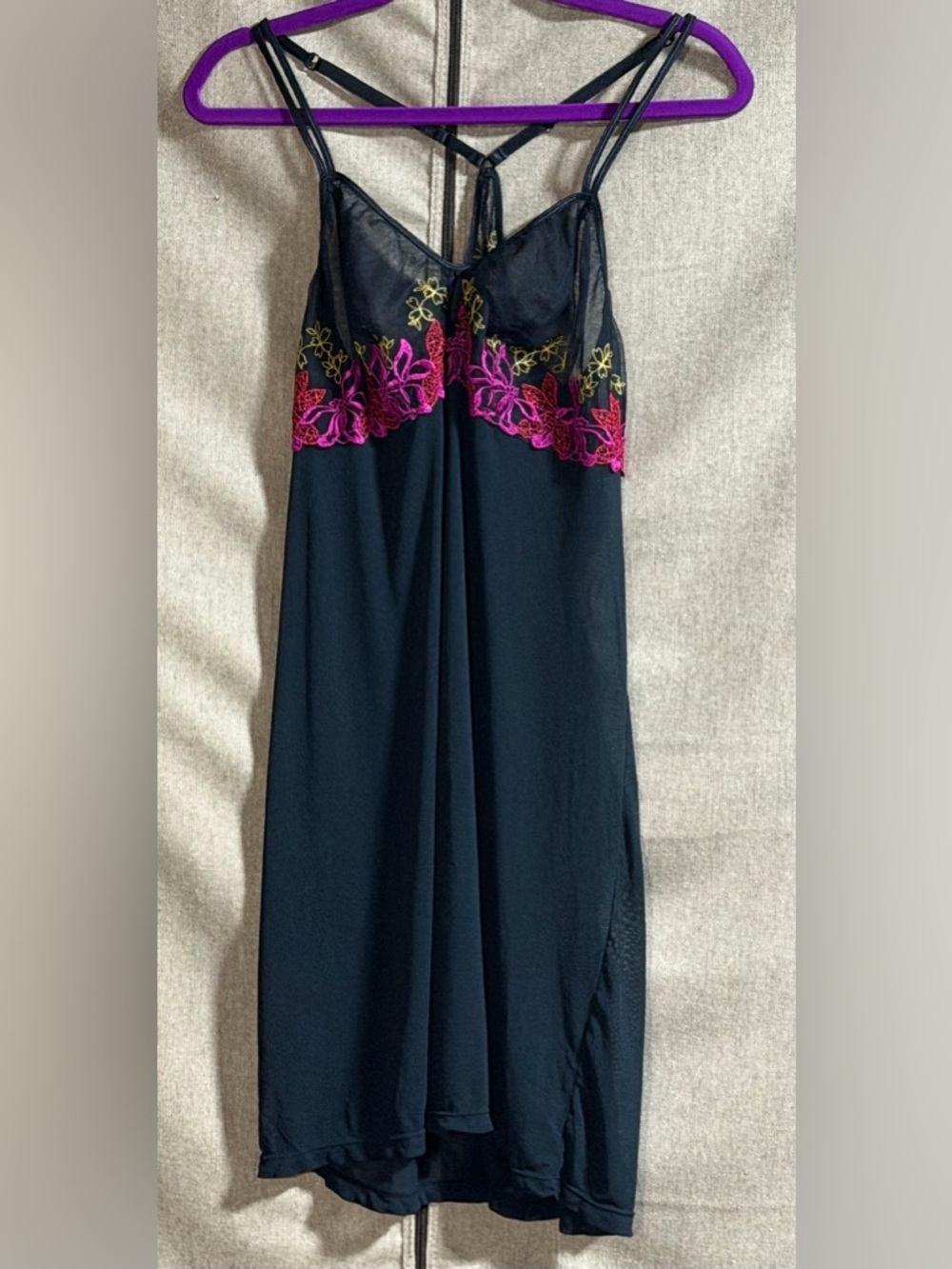 Cacique Black Mesh Slip Dress with Pink & Yellow Floral Embroidery 18/20 - Picture 3 of 4